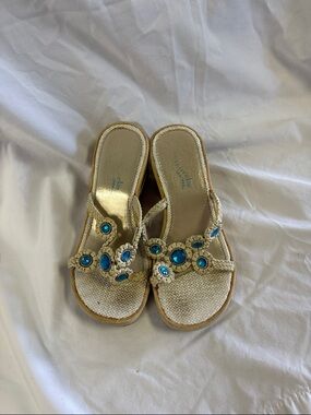 Skechers Beige Woven Sandals with Blue Gem Accents